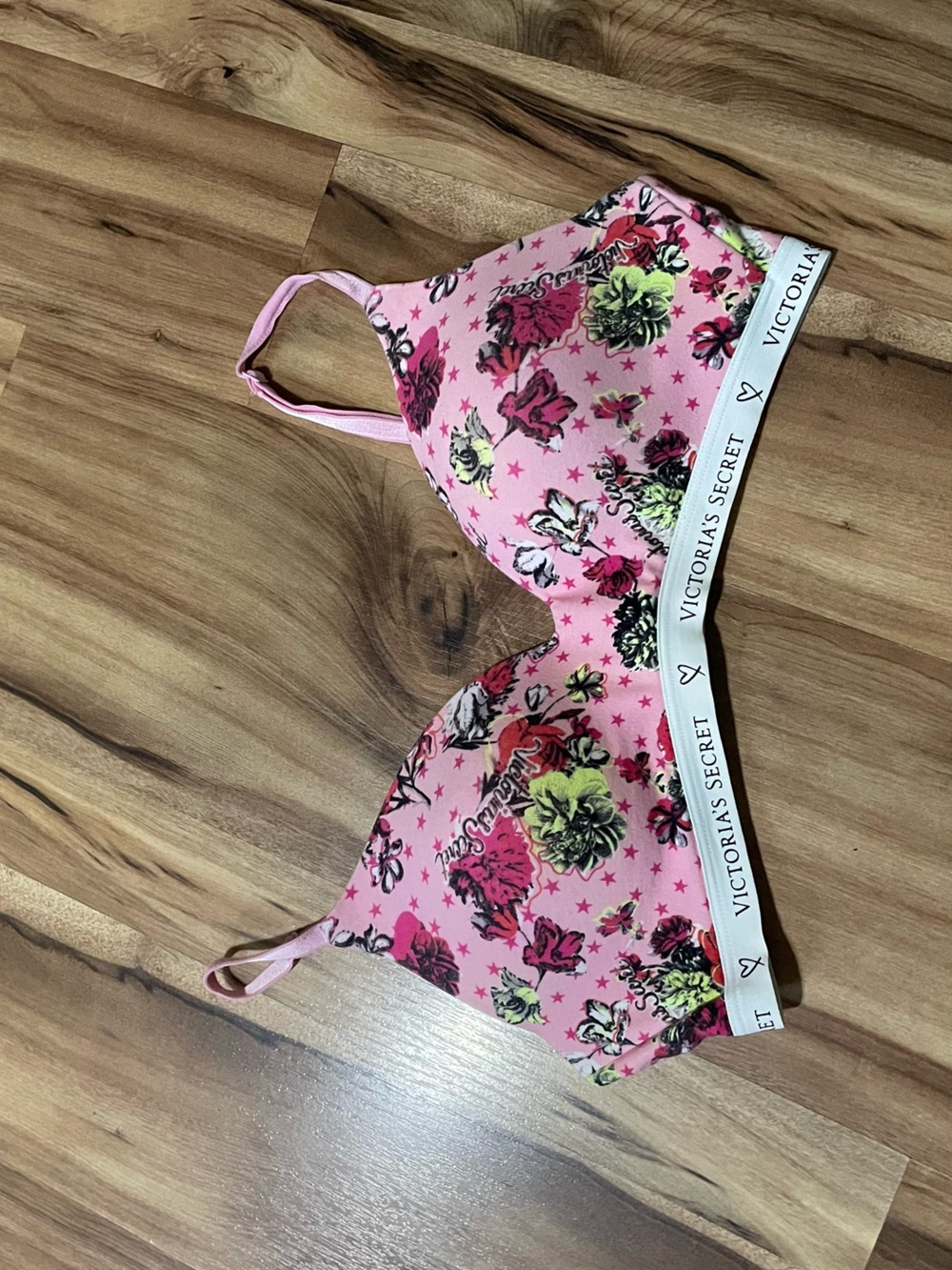 Victoria's Secret Wireless Bra 36B Pink Floral Logo Band Lightly Lined T-Shirt